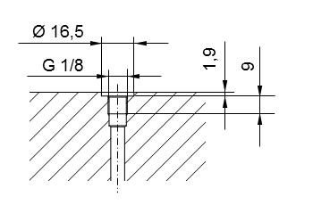 ISO 228 第 1 部分螺纹接头示意图 - G1/8，用于 DIN 3852 第 2 部分 A 型（带 DIN 3869 密封圈）或 B 型（带密封边）的螺纹连接。
